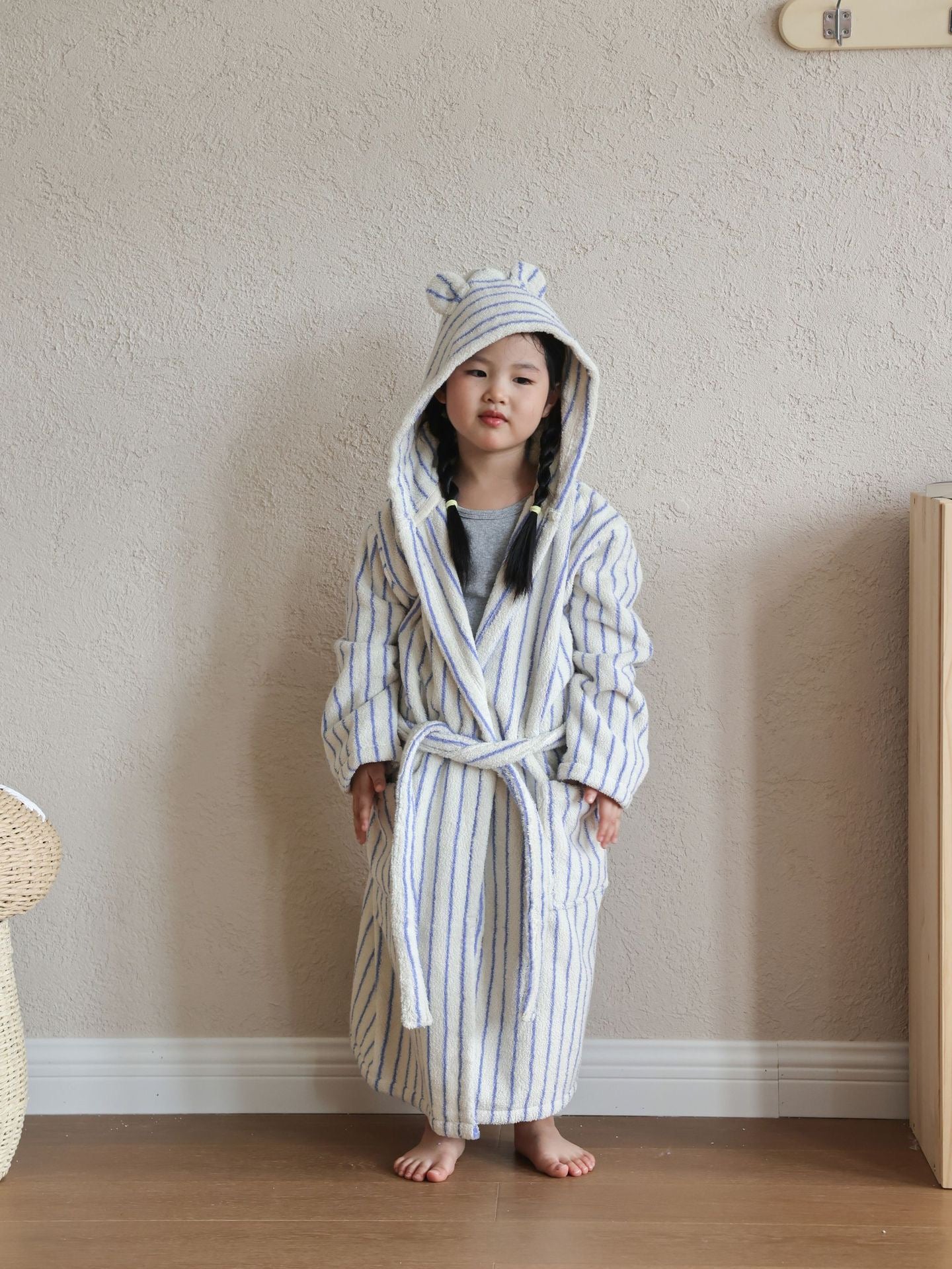 Kids Striped Cotton Hooded Bathrobe, Soft Terry Robe for Boys and Girls