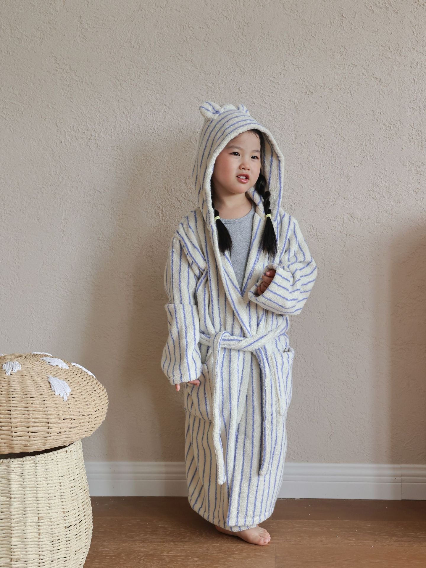 Kids Striped Cotton Hooded Bathrobe, Soft Terry Robe for Boys and Girls