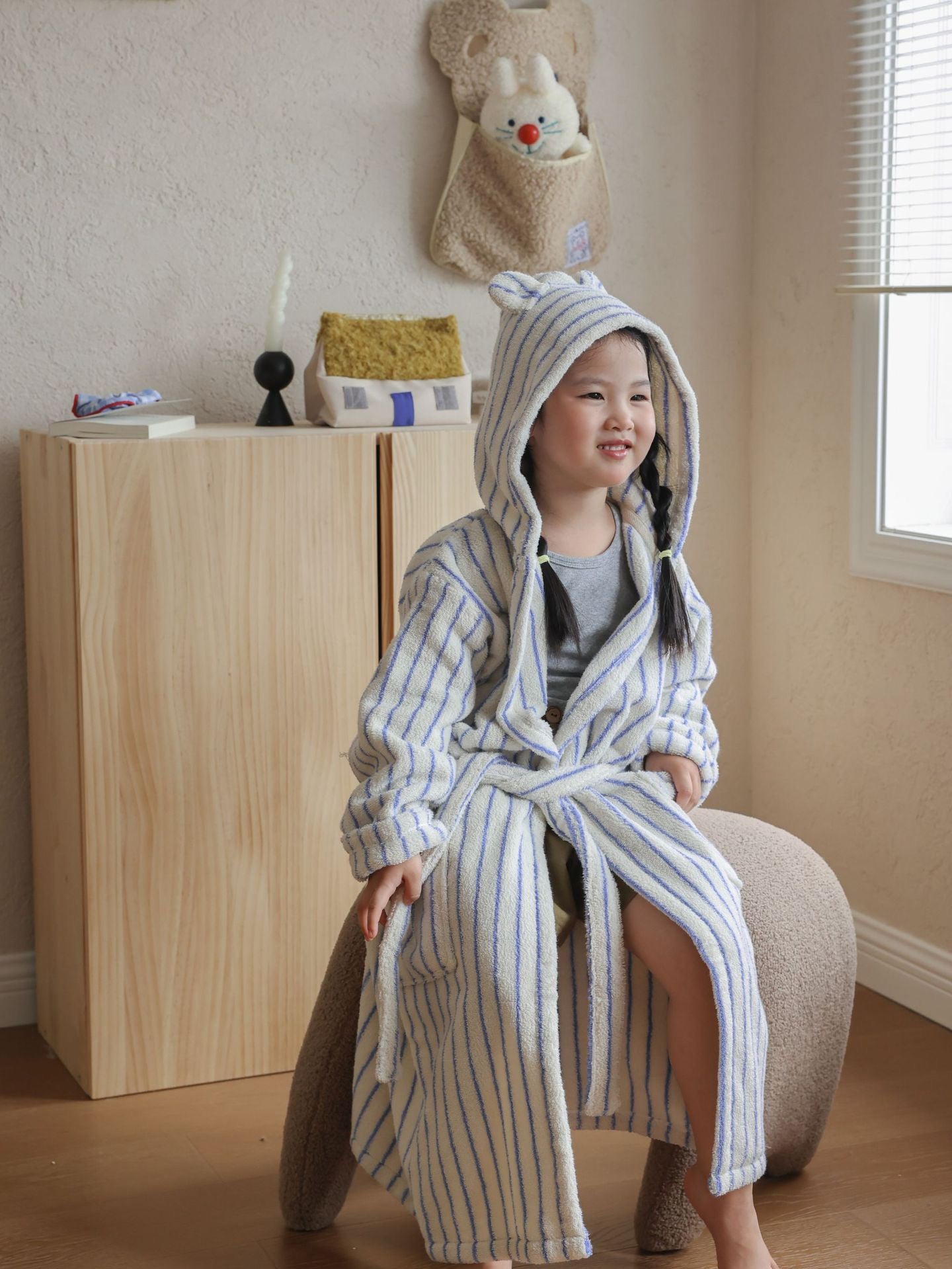 Kids Striped Cotton Hooded Bathrobe, Soft Terry Robe for Boys and Girls