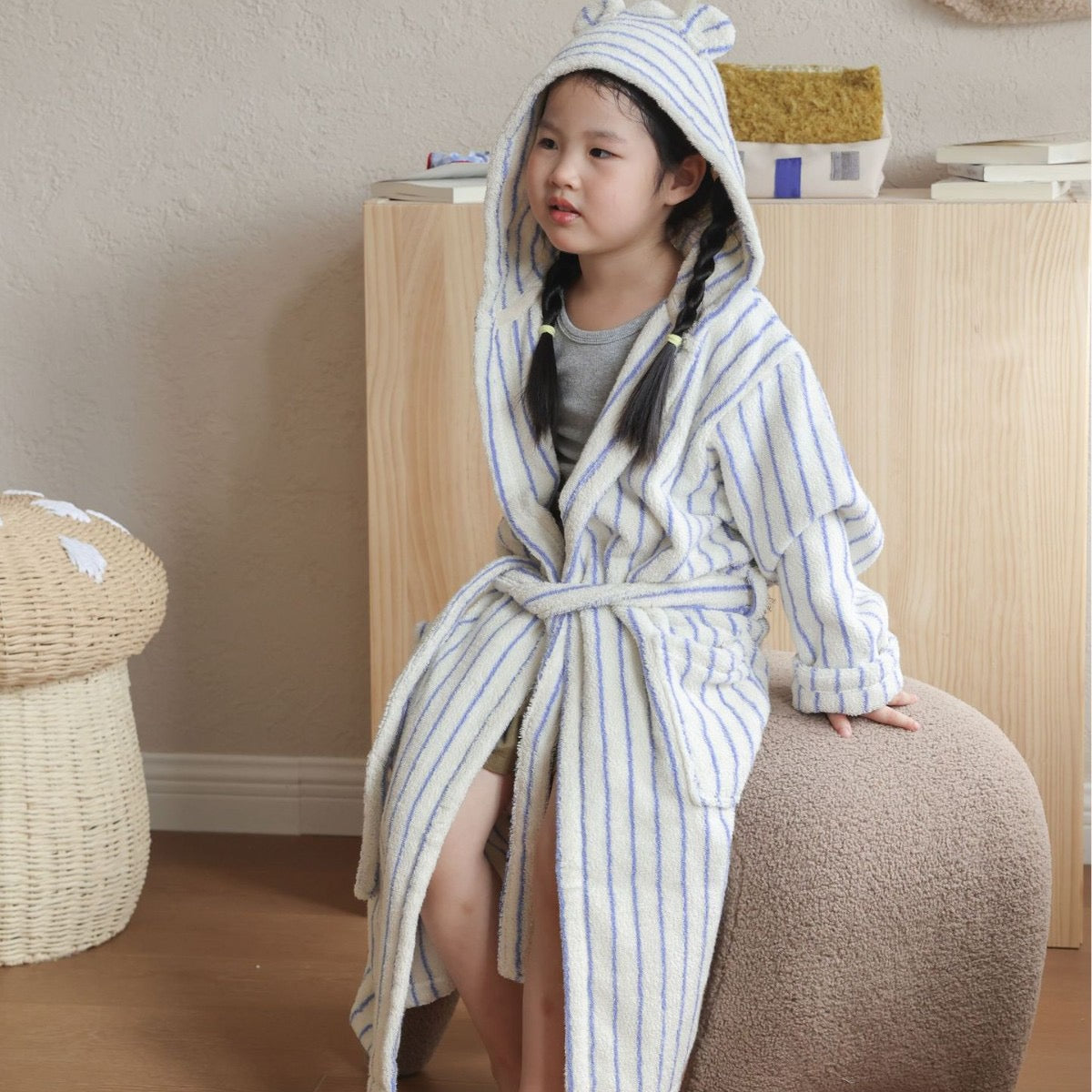 Kids Striped Cotton Hooded Bathrobe, Soft Terry Robe for Boys and Girls
