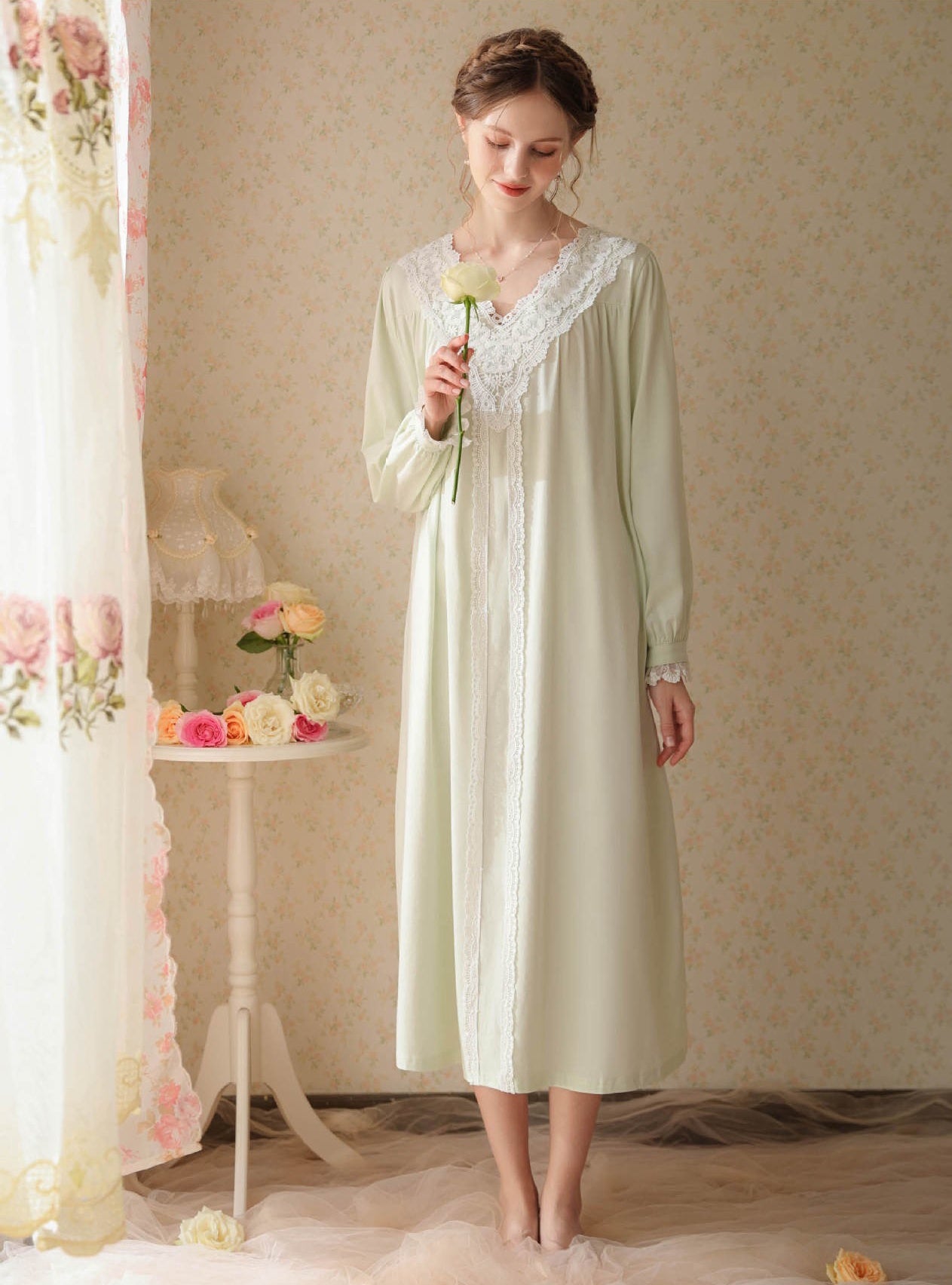 Graceful Green V-Neck Dress, A Vintage Victorian Nightgown, Comfort and Timeless Elegance, Bridal Loungewear