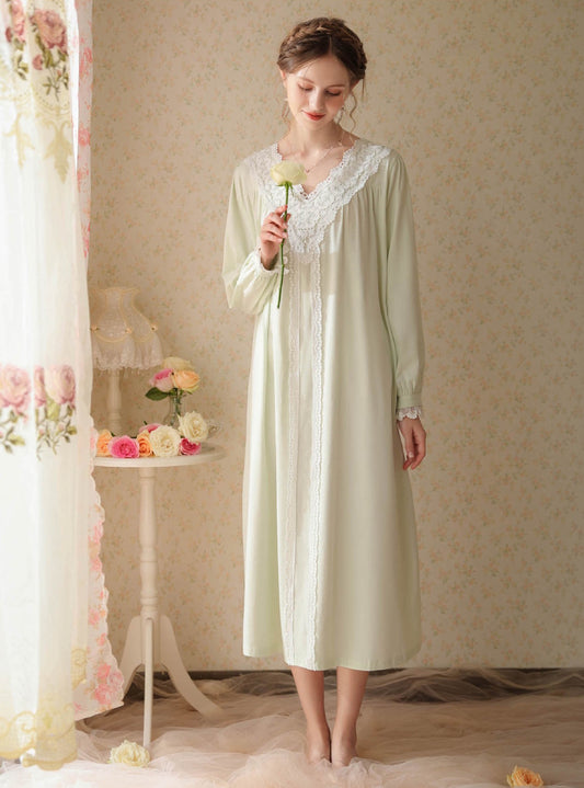Graceful Green V-Neck Dress, A Vintage Victorian Nightgown, Comfort and Timeless Elegance, Bridal Loungewear