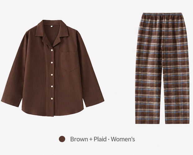 Women's coffee brown button-front pajama shirt and plaid pants