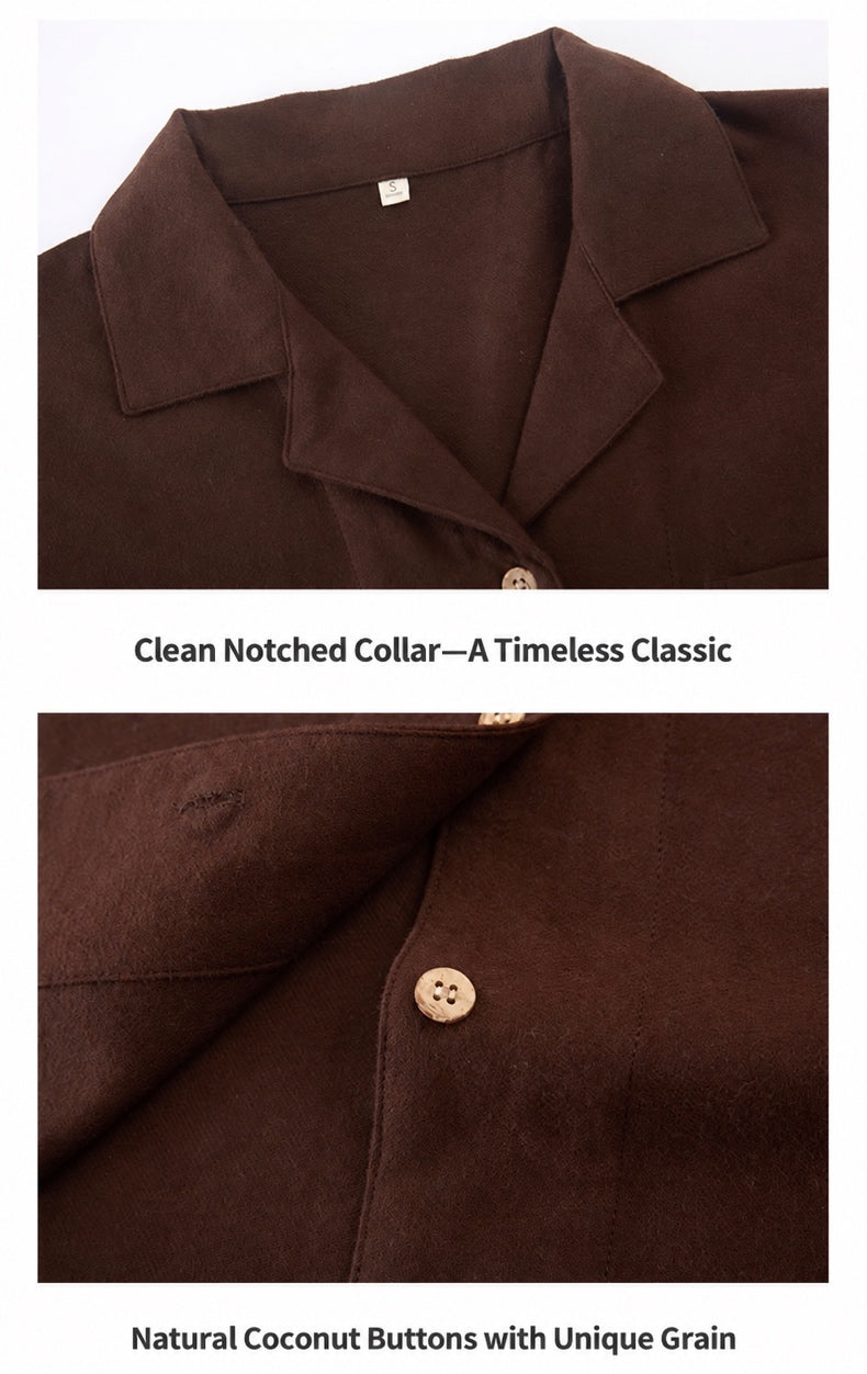 Notched collar and natural coconut button details