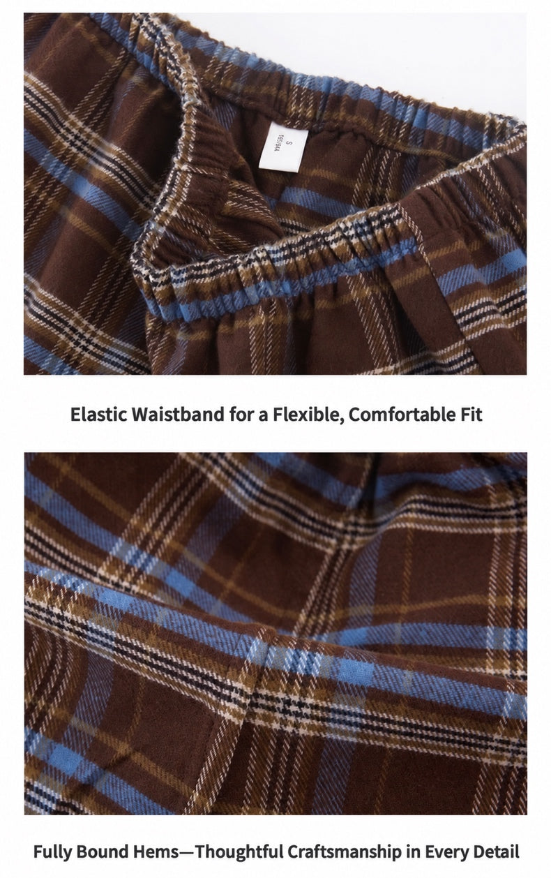 Elastic waistband and bound hem details on plaid pajama pants