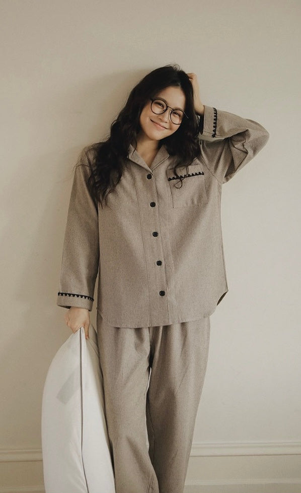 Women's taupe striped button-front pajama set with black trim