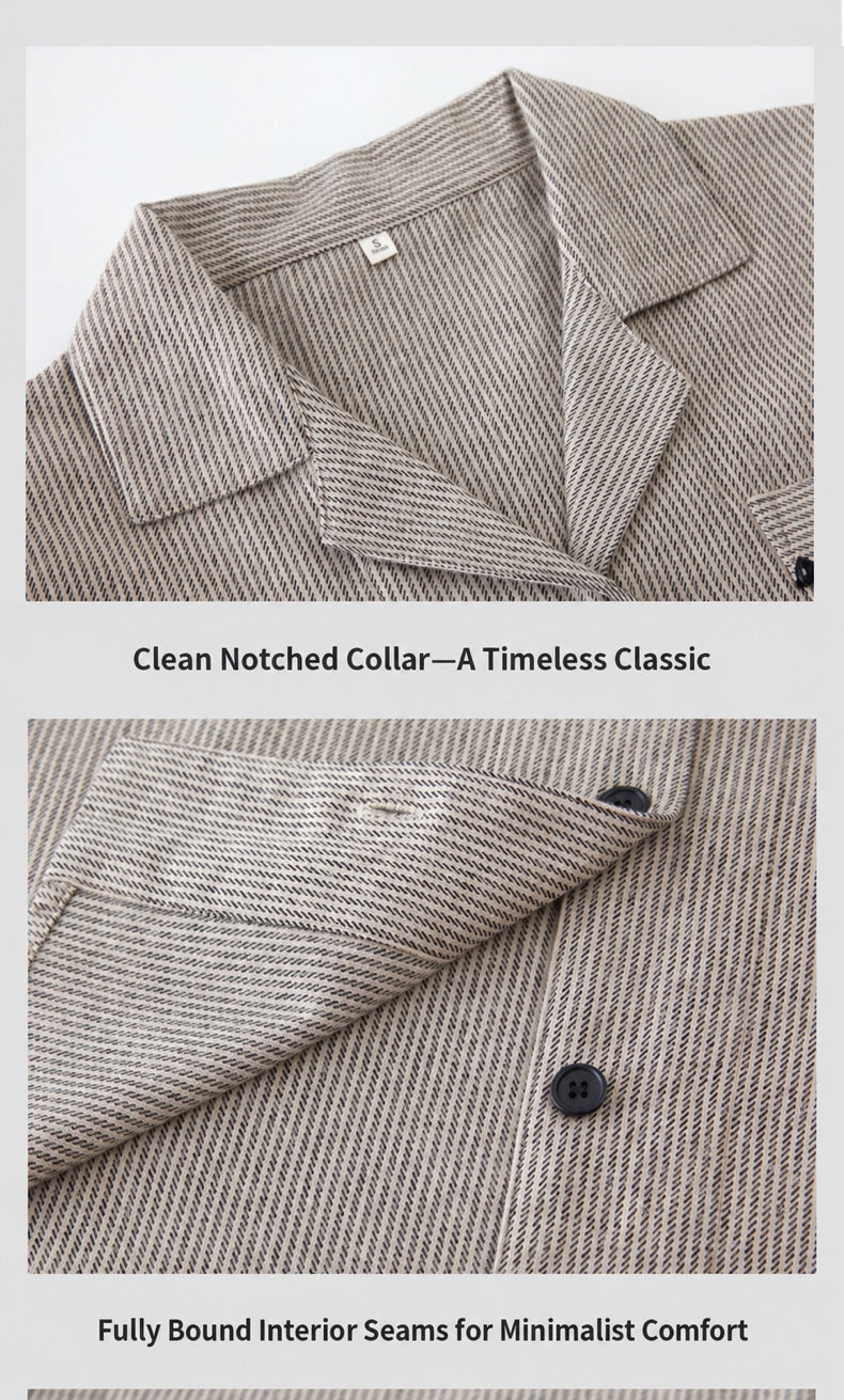 Notched collar, dark buttons and bound interior seam details