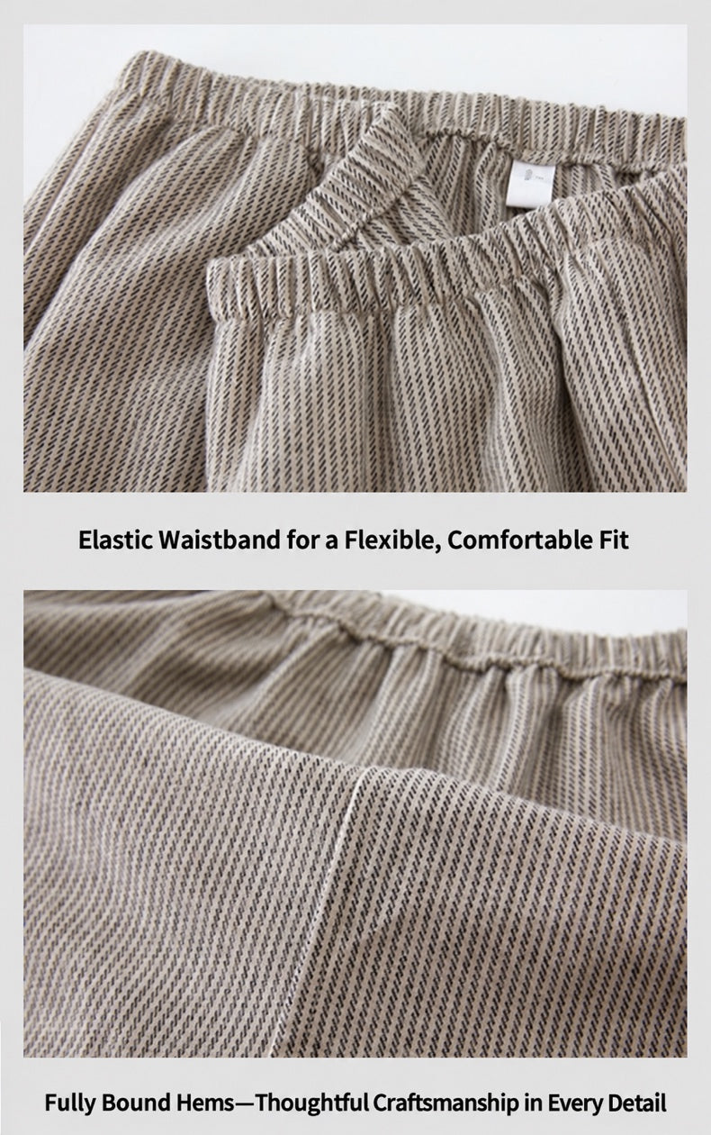 Elastic waistband and bound hem details on matching striped pajama pants