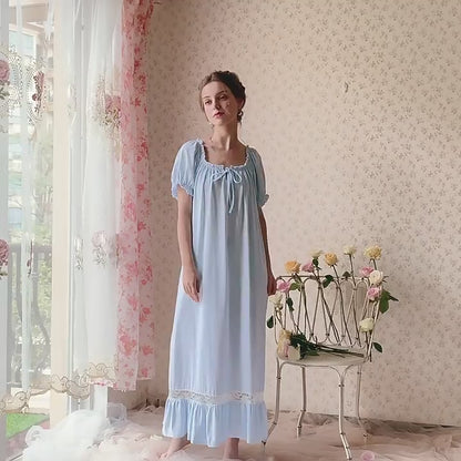 Short Sleeve Lace Deco dress, Blue Nightgown, Blue cotton sleepwear, Elegant nightie, Valentine's Day gift