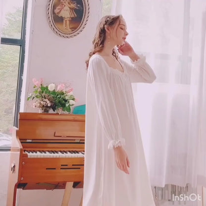 Elegant white night gown, Square neck white dress, Cozy cotton Nightie, Vintage Long Nightgown